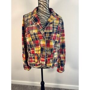 L.L. Bean Patchwork Plaid Madras Blazer Jacket Women Button Front Size 16